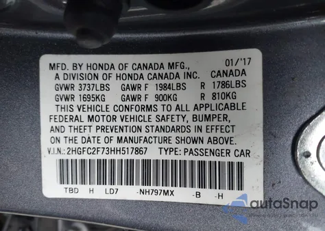 2017 Honda Civic Ex from USA, damaged, VIN 2HGFC2F73HH517867